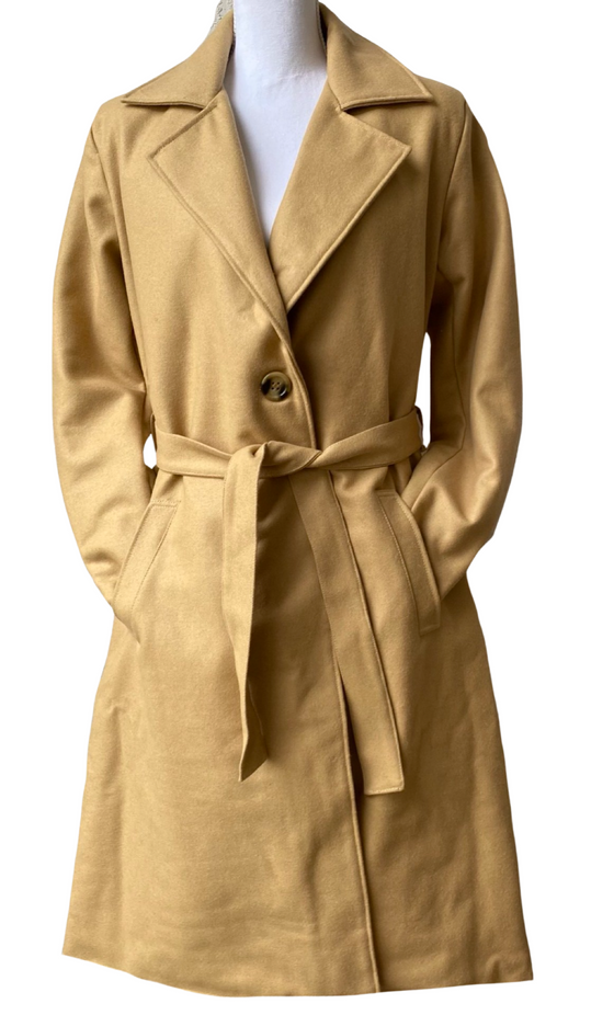 Women's Beige Single Breasted Lapel Full-Length Wool Blend PeaCoat with Belt